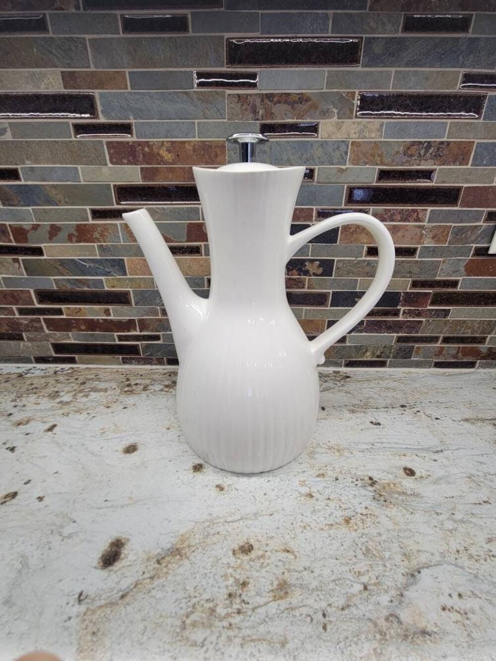Vintage Ernest Sohn White Ribbed Coffee Pot Doric MCM Carafe Hall China 1950s